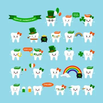 St Patrick cute teeth icon set isolated on background. Stock Illustration