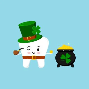 St Patrick cute tooth in leprechaun costume with pot of gold. Stock Illustration