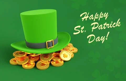St. Patrick Day background. Green top hat and gold coins on green background Stock Illustration