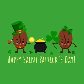 St Patrick day coffee beans in leprechaun costume, pot with gold, clover. Stock Illustration