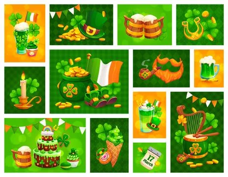 St Patrick Day collage, shamrock, drinks and food Stock Illustration