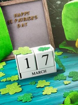 St Patrick Day date and greetings on letter board Stock Photos