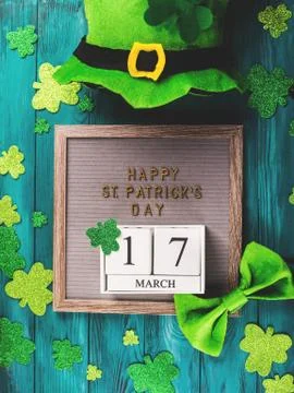 St Patrick Day date and greetings on letter board Stock Photos