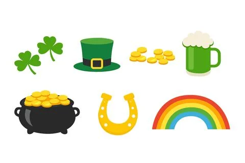 St. Patrick Day Flat Vector Icons Set with Shamrock, Leprechaun Hat, Pot of Gold Stock Illustration