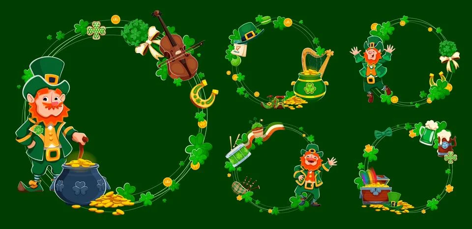 St Patrick Day frames with leprechauns, shamrocks Stock Illustration