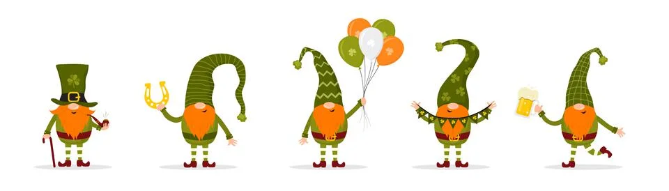 St. Patrick day gnomes. Cute leprechauns with festive elements. Vector Stock Illustration