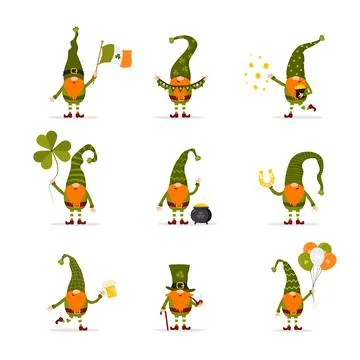 St. Patrick day gnomes. Cute leprechauns with festive elements. Vector Stockillustratie