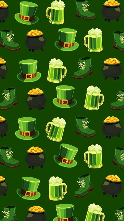 St Patrick Day Green Pattern with Beer Gold and Leprechaun Hat Stock Footage 331936765