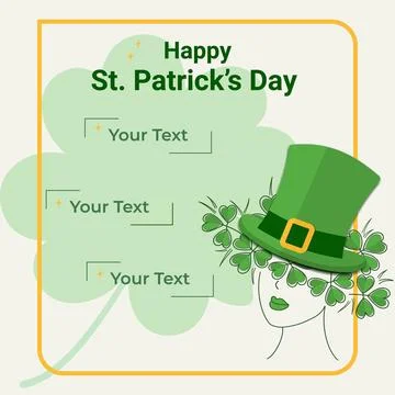 St Patrick Day Greeting Card Template with hand drawn girl in Shamrock wreath Stock Illustration