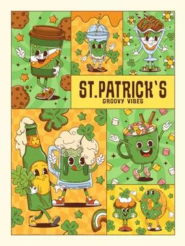 St Patrick day groovy characters collage poster Stock Illustration