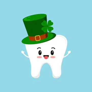 St Patrick day happy tooth in green leprechaun hat. Stock Illustration