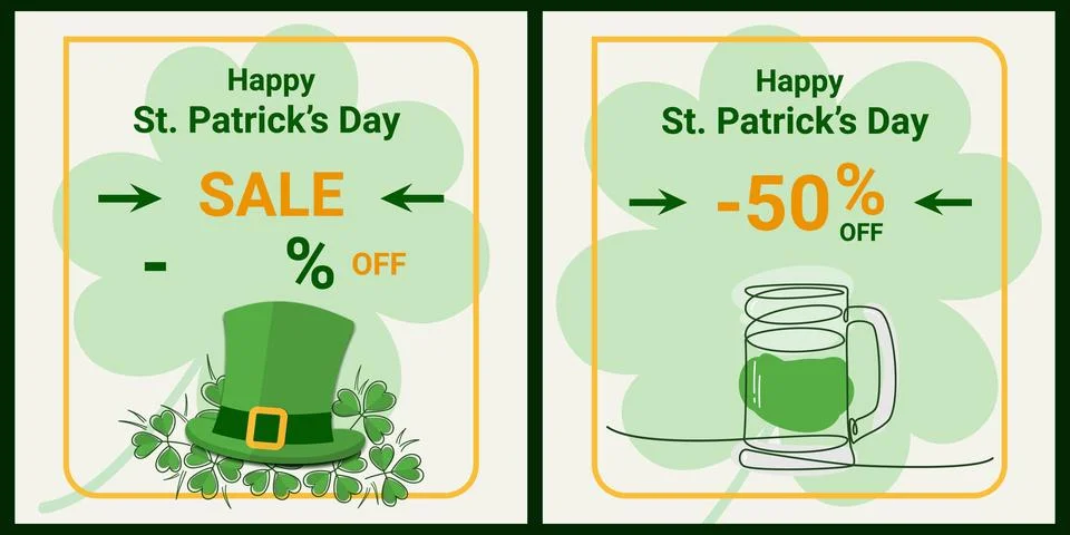 St Patrick Day Promo Templates Set with Sale Banner Beer Mug and Leprechaun Hat 스톡 일러스트