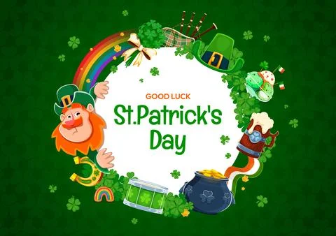 St Patrick Day round banner with frame, leprechaun Stock Illustration