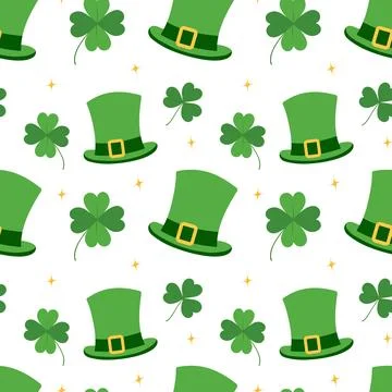 St Patrick Day Seamless Pattern with Leprechaun Hats and Shamrock Clovers Irish 스톡 일러스트