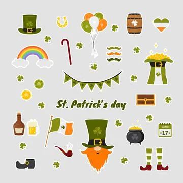 St. Patrick day stickers. Cute festive elements. Vector illustration in flat Stock Illustration