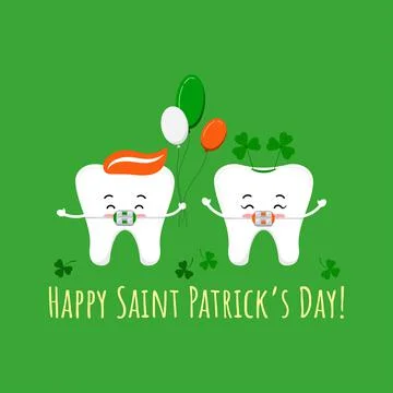 St Patrick day tooth with braces on dentist greeting card. Stock Illustration