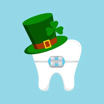 St Patrick day tooth in braces in green leprechaun hat with clover shamrock. Stock Illustration