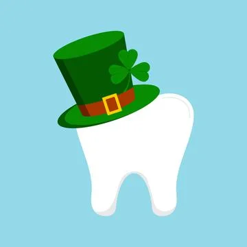 St Patrick day tooth in green leprechaun hat with clover shamrock. Stock Illustration