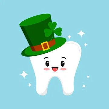 St Patrick day tooth in green leprechaun hat with shamrock and sparkles. Stock Illustration