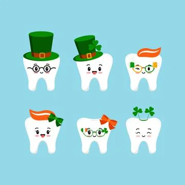St Patrick day tooth icon set isolated. Stock Illustration