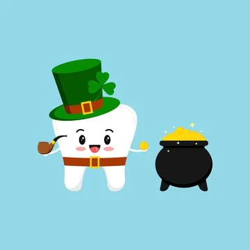St Patrick day tooth in leprechaun costume with pot of gold. Stock Illustration