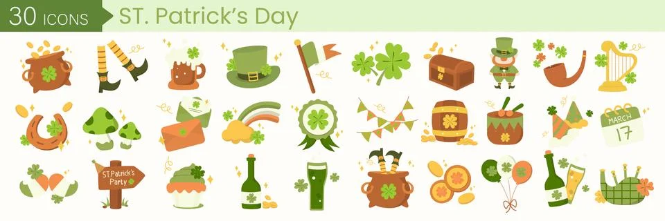 St. Patrick day vector icons set isolated on white background. Elements with Stock Illustration