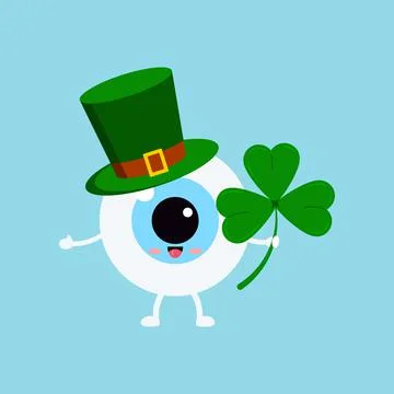 St Patrick eyeball in leprechaun hat and shamrock in hand. Stock Illustration