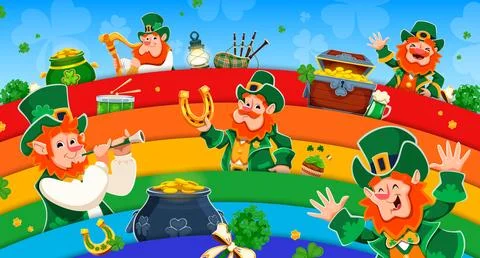 St Patrick funny leprechauns characters on rainbow Stock Illustration