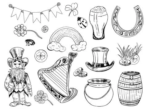 St. Patrick Hand Drawn Doodle Line Art Outline Set Containing Leprechaun, Gold Stock Illustration
