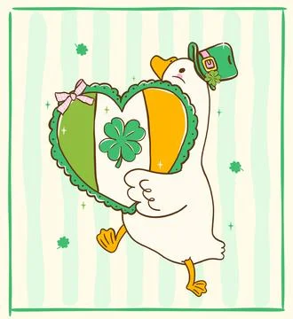 St Patrick Happy Lucky silly goose hold ireland heart flag cartoon hand drawn Stock Illustration