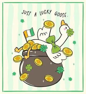St Patrick Happy Lucky silly goose in pot of gold coins cartoon hand drawn Illustrazione stock