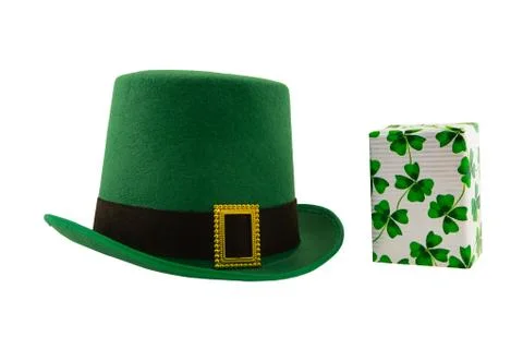 St patrick hat green gift box clover pattern isolated background design festi Stock Photos