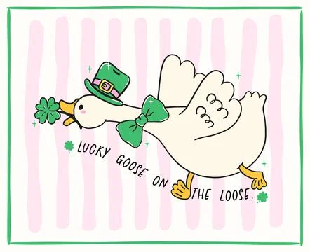 St Patrick Lucky silly goose anxiety running with clover leaf in beak carto.. Ilustración de archivo