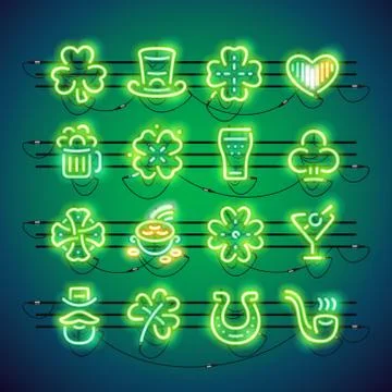 St Patrick Neon Icons Stock Illustration