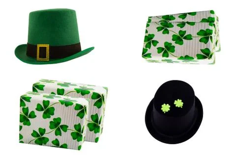 St patrick pattern festive hat green black clover gift box isolated backgroun Stock Photos