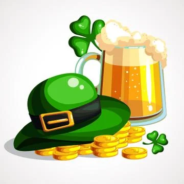 St. Patrick s Day composition. Holiday symbols beer, gold and hat of leprechaun. Illustrazione stock