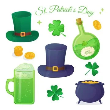 St. Patrick s Day green elements set. Luck potion, trefoil, shevron, pot with イラスト素材