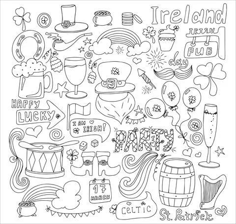 St. Patrick s Day greeting card with hand-drawn pictures. A doodle of beer, a Stock Illustration