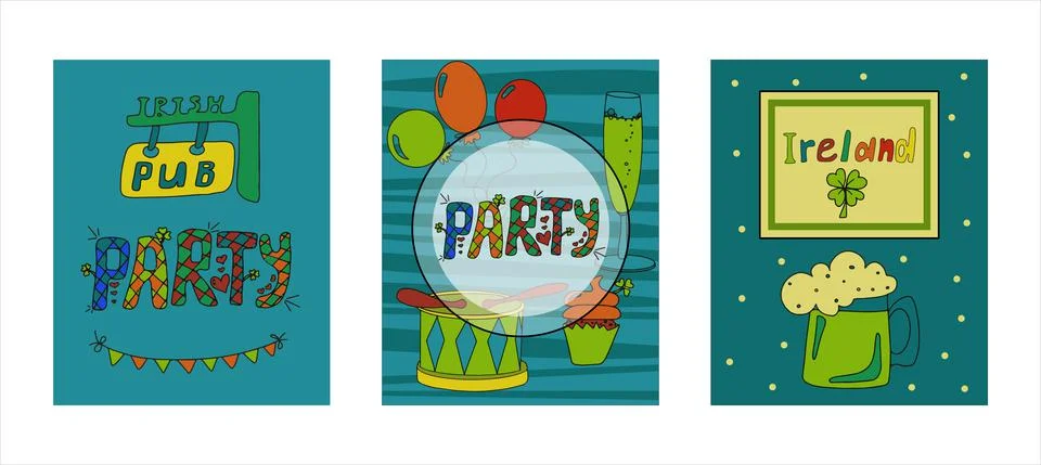 St. Patrick s Day greeting cards with hand-drawn pictures. A doodle of beer Stock Illustration