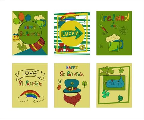 St. Patrick s Day greeting cards with hand-drawn pictures. A doodle of beer Stock Illustration