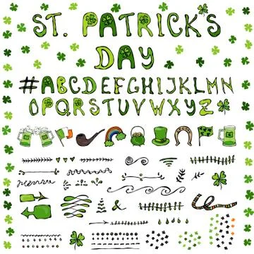 St. Patrick s Day Hand Drawing Full Collectoin Lettering Icons Design Elements. Stock Illustration
