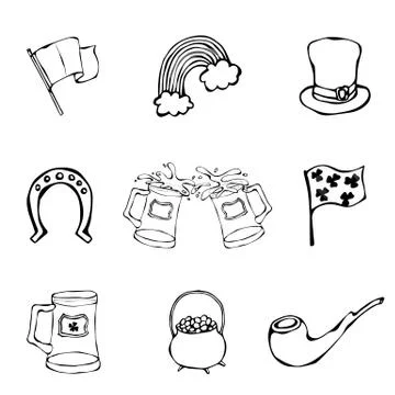 St. Patrick s Day Icons Collection beer, hat, clover, flag, horseshoe, pipe,  Stock Illustration