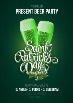 St. Patrick s Day poster. Beer party green background with calligraphy sign and Illustrazione stock