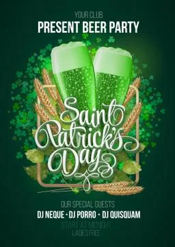 St. Patrick s Day poster. Beer party green background with calligraphy sign and Illustrazione stock