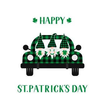 St. Patrick s day retro truck with cute cartoon gnomes. Saint Patricks day gr Stock Illustration