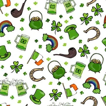 St. Patrick s Day Seamless Background. Pattern of beer, hat, clover, flag, ho Illustrazione stock