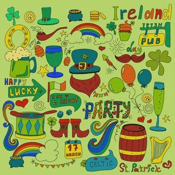 St. Patrick s Day set with hand-drawn pictures. A doodle of beer, a rainbow, a Stock Illustration