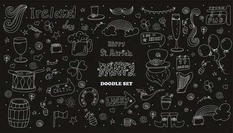St. Patrick s Day set with hand-drawn icons. A doodle of beer, Ireland, pub Stock Illustration