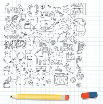 St. Patrick s Day set with hand-drawn icons. A doodle of beer, Ireland, pub Stock Illustration