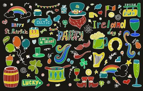St. Patrick s Day set with hand-drawn icons. A doodle of beer, Ireland, pub Stock Illustration